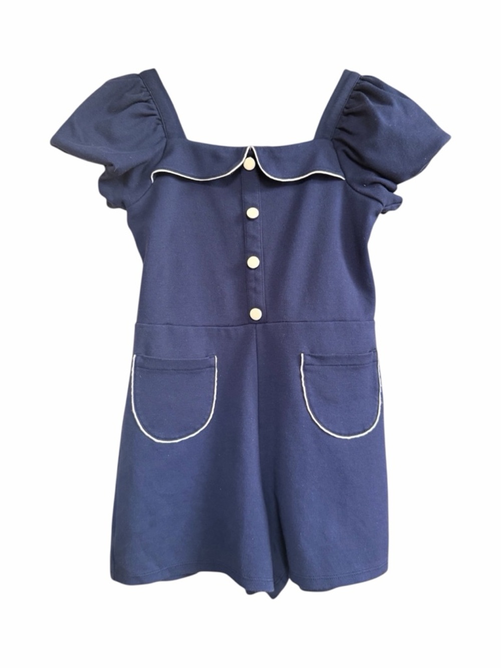 Janie and Jack Navy Romper with Puff Sleeves and Contrast Trim